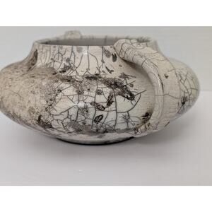 Vintage White Crackle Raku Bowl Double Handled Smoke Fired Art Pottery Signed